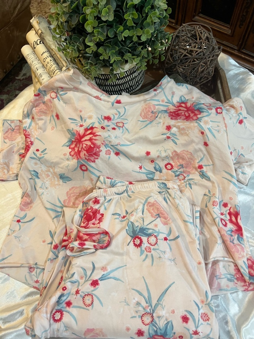 Flora Nikrooz Cream Floral Pajama Set with Pink and Blue Flowers